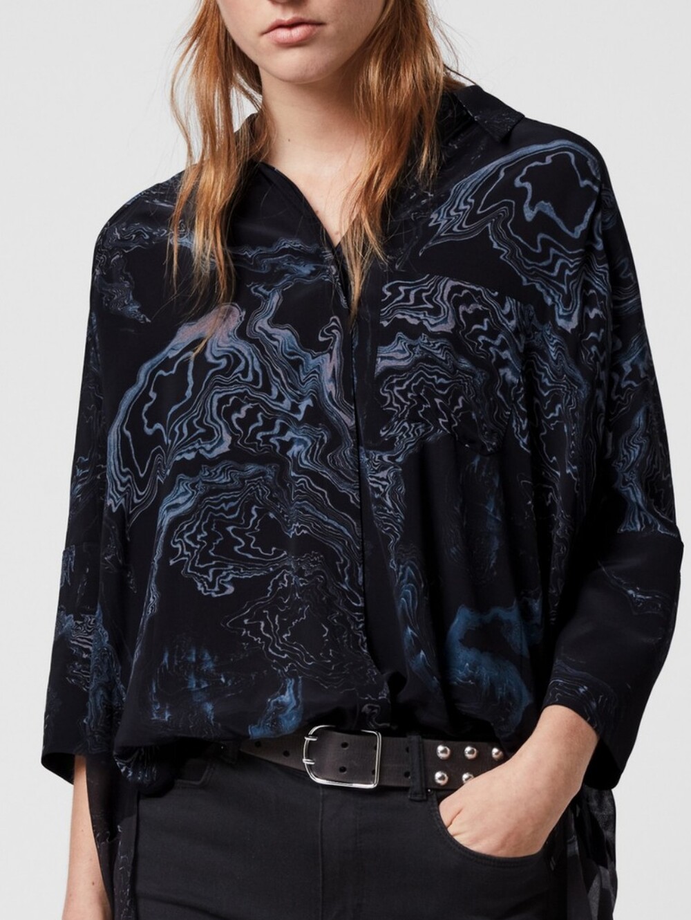 All Saints Savannah Hatsukoi Japanese Ocean Marble Print Oversized Button Up Top